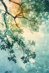 Aufkleber - Abstract Watercolor Art of Tree Branches with Lush Green Leaves in Sunlight