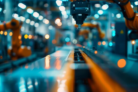 Abstract blurred bokeh factory background with robotic assembly line - industry concept