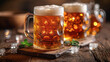 © Sudarshana - isolated golden-brown color transparent glass alcohol mug with handle, full of beer and foam on a wooden bar table top