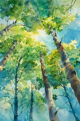 Poster - Watercolor Illustration of Green Leaves and Branches in Dappled Sunlight