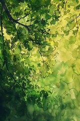 Aufkleber - Watercolor Illustration of Green Leaves and Branches in Dappled Sunlight