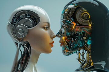 Canvas Print - Closeup of two robot heads, showcasing intricate artificial intelligence designs