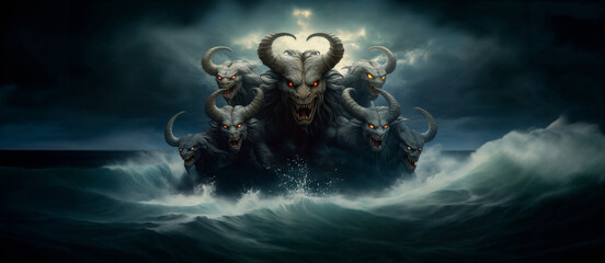 revelation's apocalyptic beast: depiction of the seven-headed, ten-horned monster from the book of r