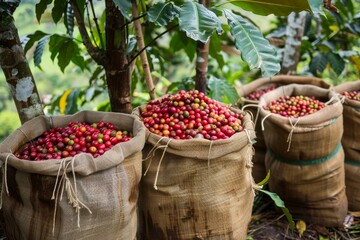 Sticker - Burlap sacks filled with ripe coffee cherries, ready for processing on a coffee farm