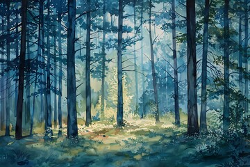 Poster - Peaceful Watercolor Forest Scene with Sunlit Trees and Wildflowers
