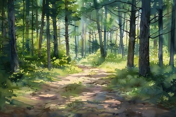 Poster - Peaceful Watercolor Forest Scene with Sunlit Trees and Wildflowers