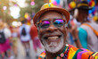 © Sophie  - Happy senior gay black man celebrating pride parade with crowd of queer people. Smiling elderly LGBTQ+ african american male pensioner wearing eclectic vibrant rainbow fashion