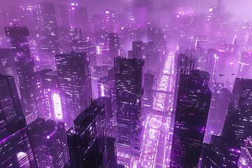 surreal cyberpunk metropolis bathed in neon purple hues futuristic urban landscape