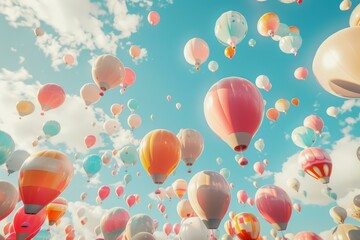 Sticker - Myriad of vibrant hot air balloons ascending under a clear blue sky with fluffy clouds