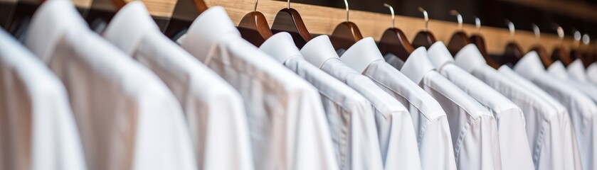 Wall Mural - White men shirts hanging on rack in a row.