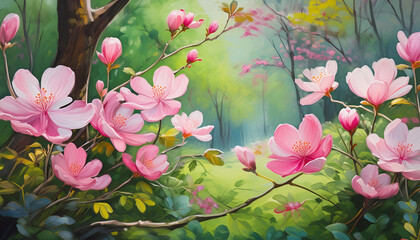 Wall Mural - Cute and charming oil painting of pink flowers at spring. Beautiful nature. Fairy tale forest.