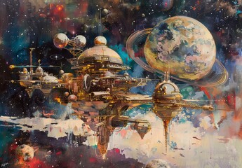 Wall Mural - An imaginative painting depicting humans exploring outer space, settling on distant planets, and constructing space stations with advanced spacefaring technology.