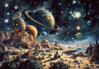 Wall Mural - An imaginative painting depicting humans exploring outer space, settling on distant planets, and constructing space stations with advanced spacefaring technology.