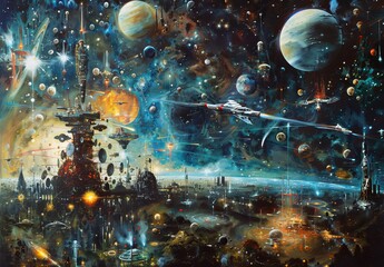 Wall Mural - An imaginative painting depicting humans exploring outer space, settling on distant planets, and constructing space stations with advanced spacefaring technology.