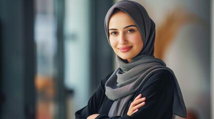 A woman wearing a black scarf and a black shirt is smiling. She is posing for a picture. A portrait of a confident modern and beautiful muslim woman with her arms are crossed