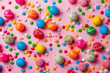 Poster - Overhead view of vibrant sweets scatter on a bright pink surface, perfect for festive themes