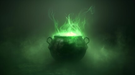 Black cauldron with glowing green liquid bubbling and emitting smoke on a dark background.