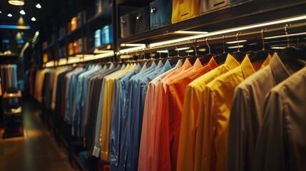 Sticker - Brightly colored shirts hang on shelves in the store shelves.