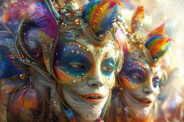 Sticker - Closeup of stunning, colorful carnival masks adorned with feathers, beads, and glitter, capturing the spirit of celebration