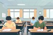 © Ева Поликарпова - A group of people sitting at desks in a classroom. Suitable for educational concepts