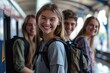 © LoLArt - Four cheerful students boy and girls friends with backpacks travelling by train on railway station platform smiling