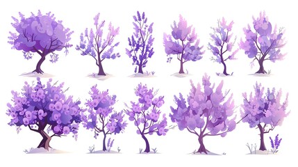 Wall Mural - Enchanting Blossoming Trees in Vibrant Purple Hues Digital of Stylized Floral Landscape