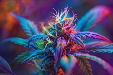 Closeup vibrant cannabis plant with psychedelic colors and vivid foliage in natural lighting, showcasing the intricate biology and structure of the marijuana leaf