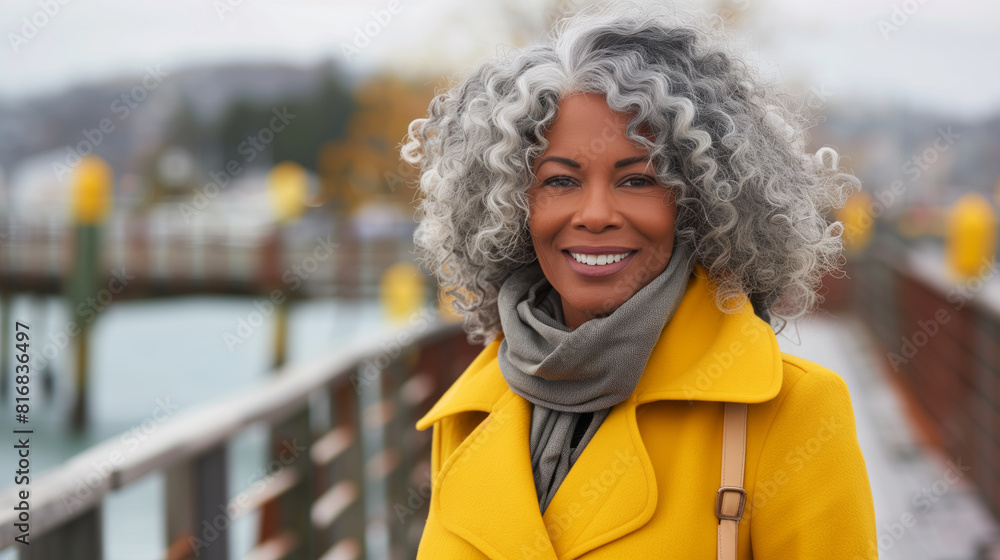 A woman with gray hair is smiling and wearing a yellow coat. Lifestyle ...