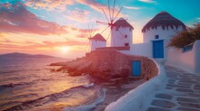 Famous View Of Traditional Greek Windmills On Mykonos Island At Sunrise, Cyclades, Greece