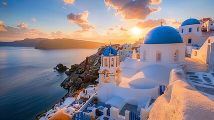 Wall Mural - Fira town on Santorini island, Greece. Incredibly romantic sunrise on Santorini. Oia village in the morning light. Amazing sunset view with white houses. Island lovers. 3 Blue domes 