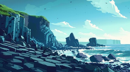 Wall Mural - A computer generated image of a rocky shoreline with a blue sky