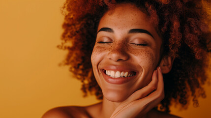 Wall Mural - A young woman with curly hair is smiling brightly on a vibrant yellow background. Her expression is joyful and her curly hair adds a playful touch to the scene