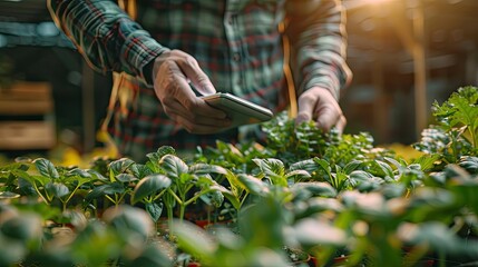 Wall Mural - A man is holding a cell phone in his hand while looking at a plant. The plant is full of green leaves and is located in a greenhouse