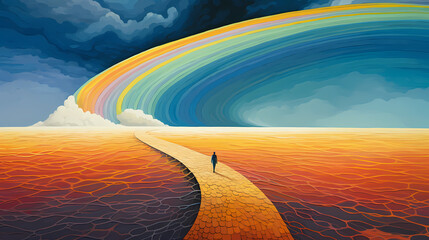 Wall Mural - a person walking on a rainbow with clouds surrounded illustration abstract background decorative painting