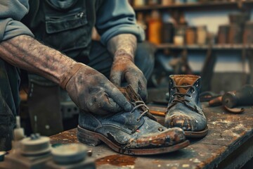 Poster - A man is seen working on a pair of shoes. Ideal for fashion or craftsmanship concepts