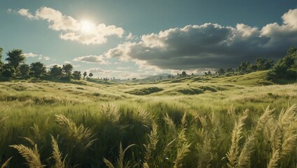 Wall Mural - Green meadow with high grass