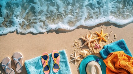 A colorful array of beach items like towels, sunglasses, and flip-flops laid out on the sand, with the ocean waves in the background providing ample space for text, shot in a high-angle view