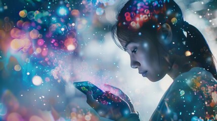 Canvas Print - A girl is standing in front of a vibrant and colorful background, focused on her phone screen.