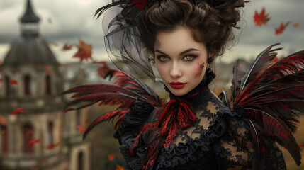 A woman in a gothic costume with black and red feathered wings, standing against a blurred architectural background with autumn leaves falling around her.