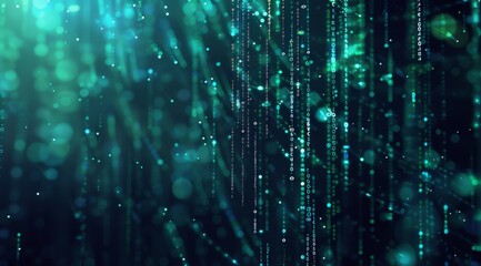 Wall Mural - Digital background featuring blue and green data streams, binary code, and abstract digital waves with bokeh lights on the sides. 