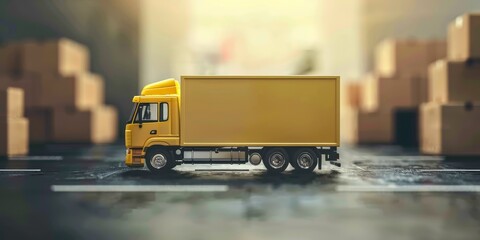 Yellow delivery truck in the warehouse with blurred background.