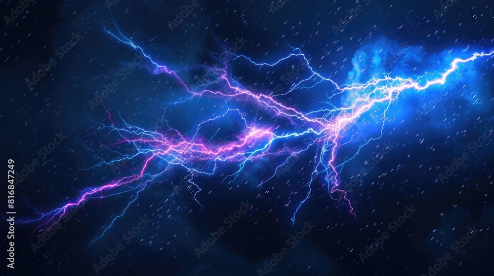 A striking blue and purple lightning bolt on a dark black background ...