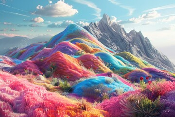 Poster - Surreal concept art of a mountainous terrain with multicolored, fluffy vegetation under a sunny sky