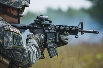 A soldier wearing camouflage gear is holding a rifle in a focused stance