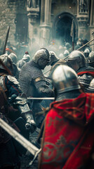 Wall Mural - A cinematic still of medieval knights in armor charging into battle