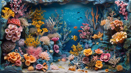 Wall Mural - Vibrant and detailed underwater coral reef scene with various types of corals and a yellow fish swimming among them.