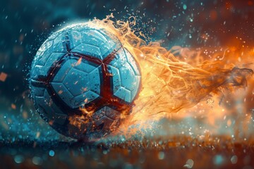 Wall Mural - Vibrant, highresolution wallpaper featuring a soccer ball with a fiery trail, symbolizing speed and energy