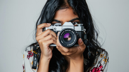 indian woman holding dslr camera and taking photo