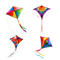 Colorful flying kites set isolated on transparent background, Set with beautiful bright kites on white background, png. kite cliparts collection