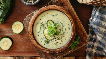 Canvas Print - Creamy zucchini soup in a bowl on a wooden background